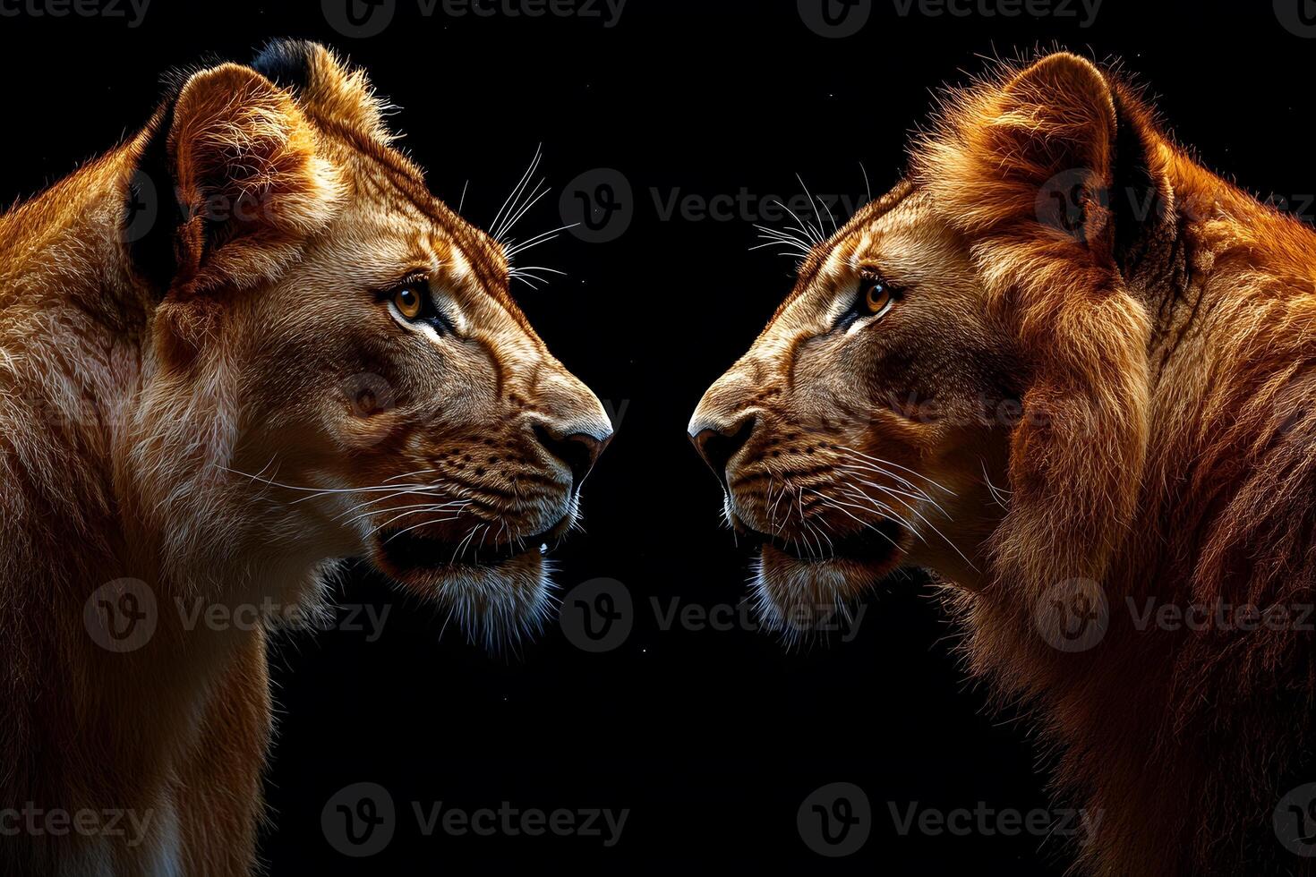 Lion Pair in Intense Face-Off Against Black Background - Wildlife Photography for Print or Poster photo