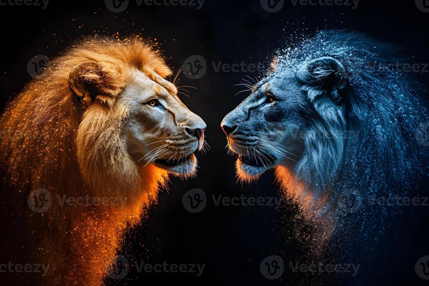 Duality of Nature Fiery and Icy Lion Portraits for Artistic Expression photo