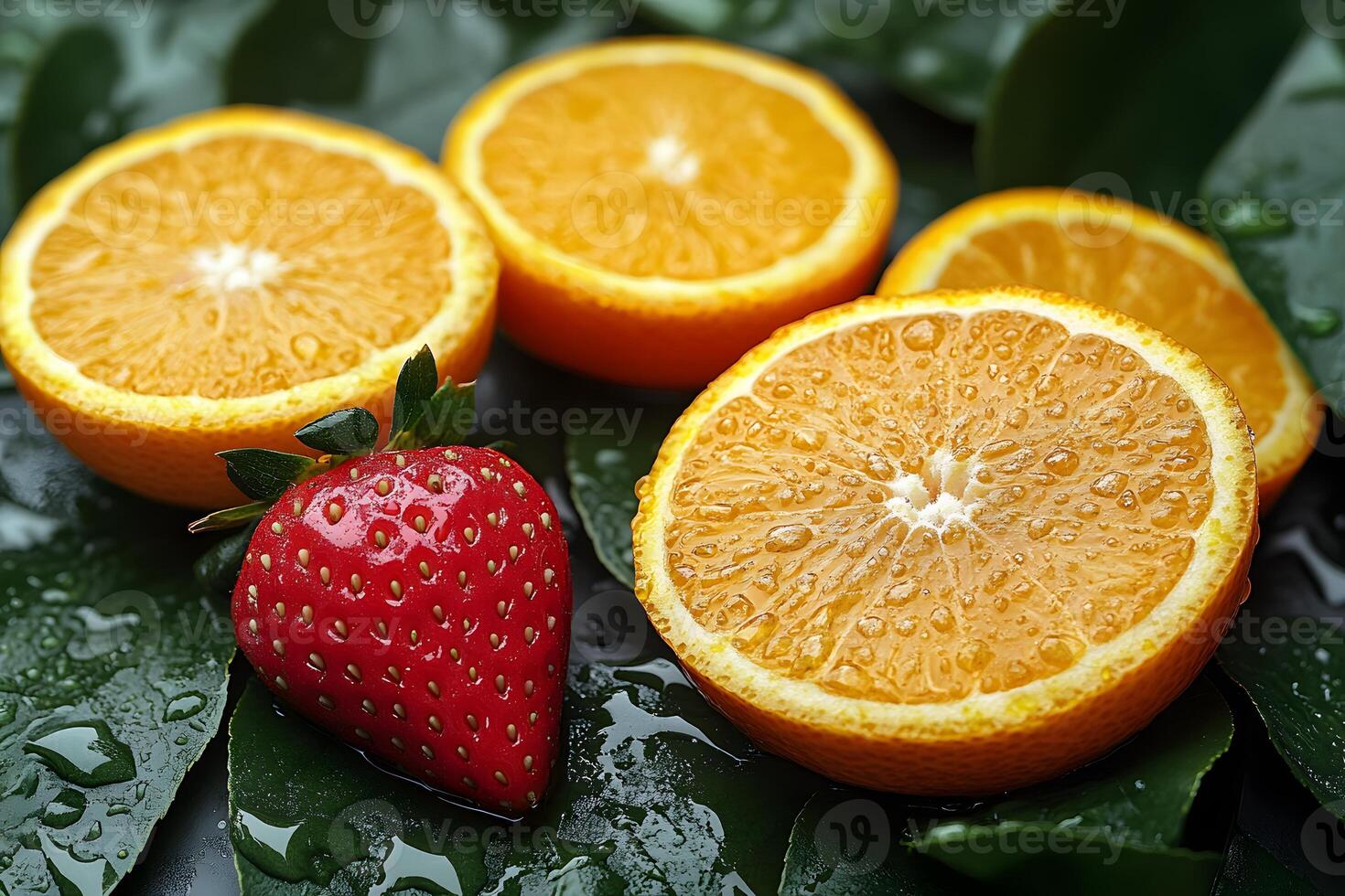 Fresh Citrus and Strawberry Symphony on Green Leaf Canvas for Natural Themed Design photo