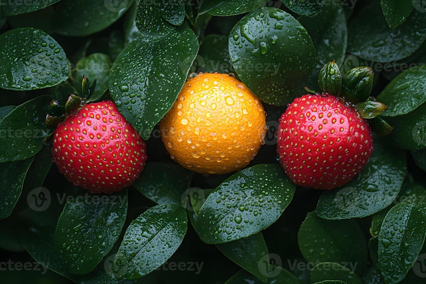 Fresh Citrus and Strawberry Trio with Dew Drops on Lush Greenery - Ideal for Nature and Fruit Themes photo