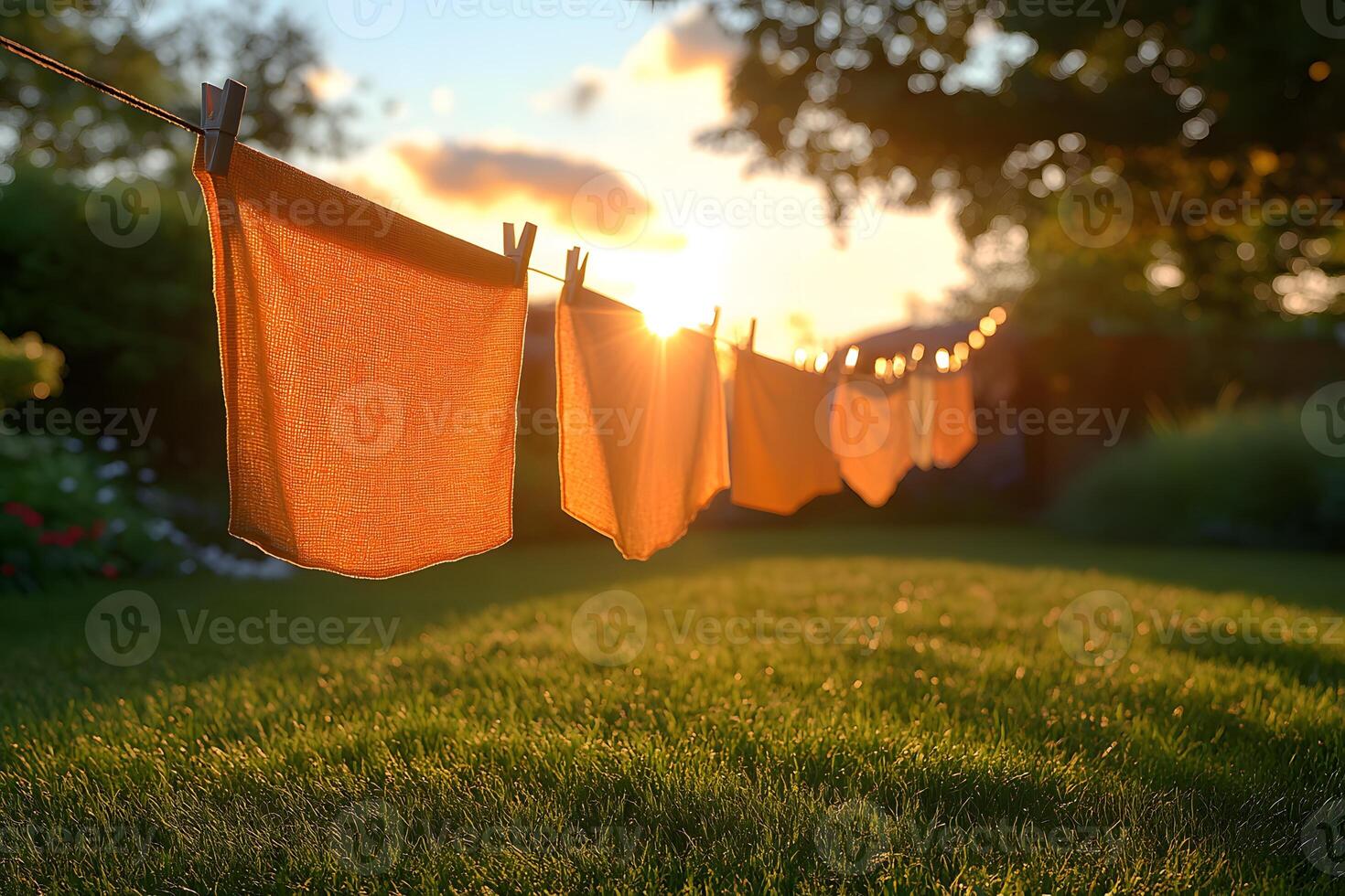 Golden Hour Laundry Clothespins and Towels Swaying in Summer Sunset Glow for Nature Inspired Decor photo