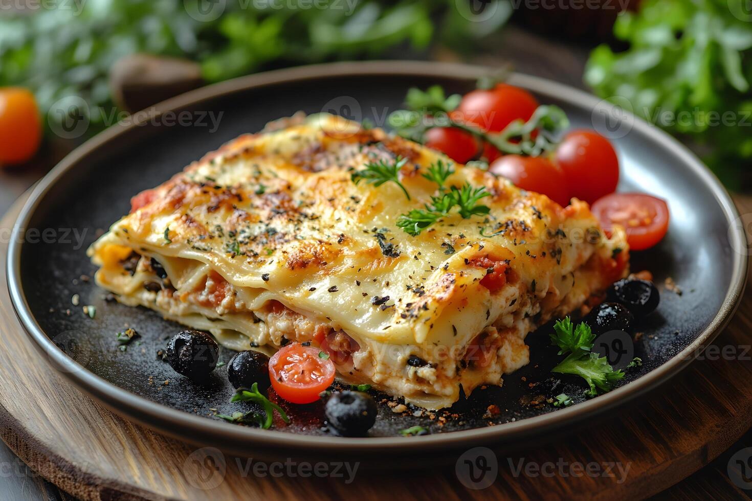 Delicious Homemade Lasagna with Cherry Tomatoes and Olives on Rustic Plate for Italian Cuisine Lovers photo