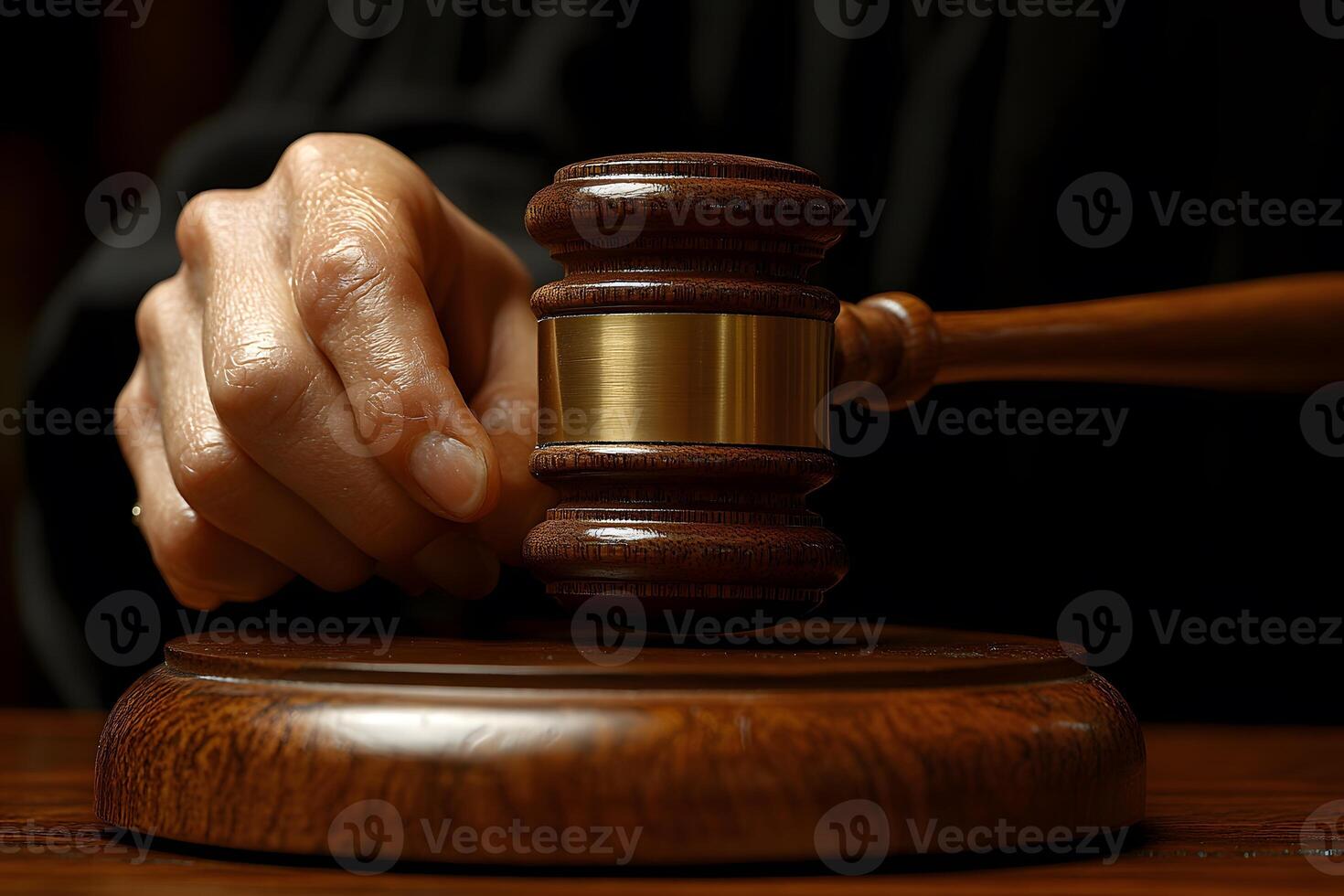 Judicial Decision Concept with Judge's Hand Holding Gavel in Courtroom for Law and Order photo