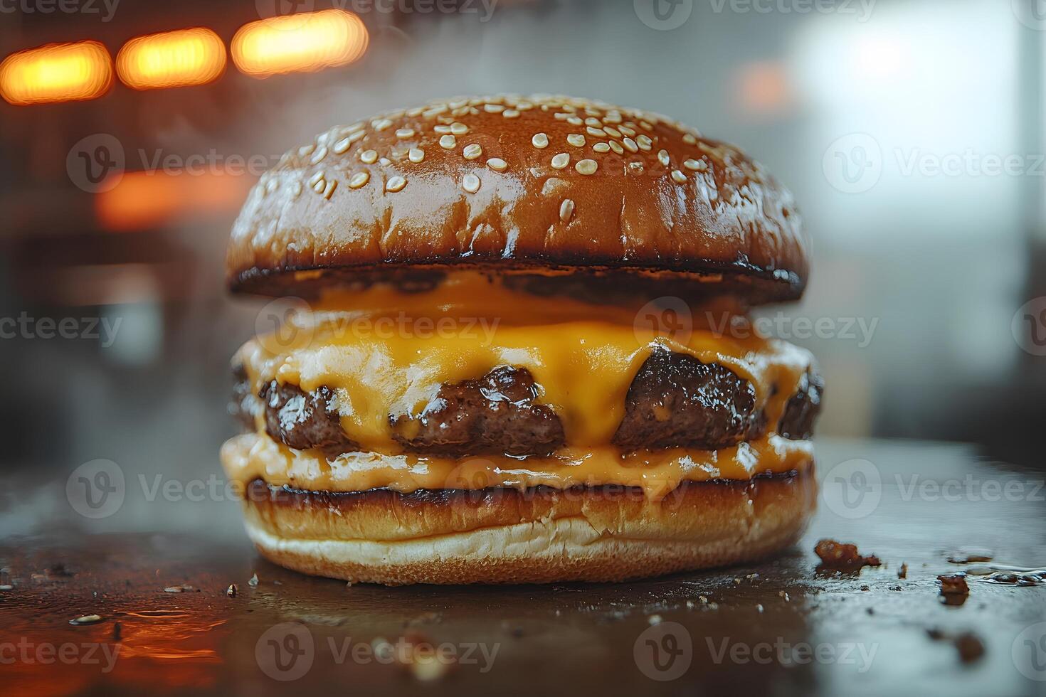 Gourmet Double Cheeseburger with Melted Cheese and Juicy Patties in a Rustic Setting photo
