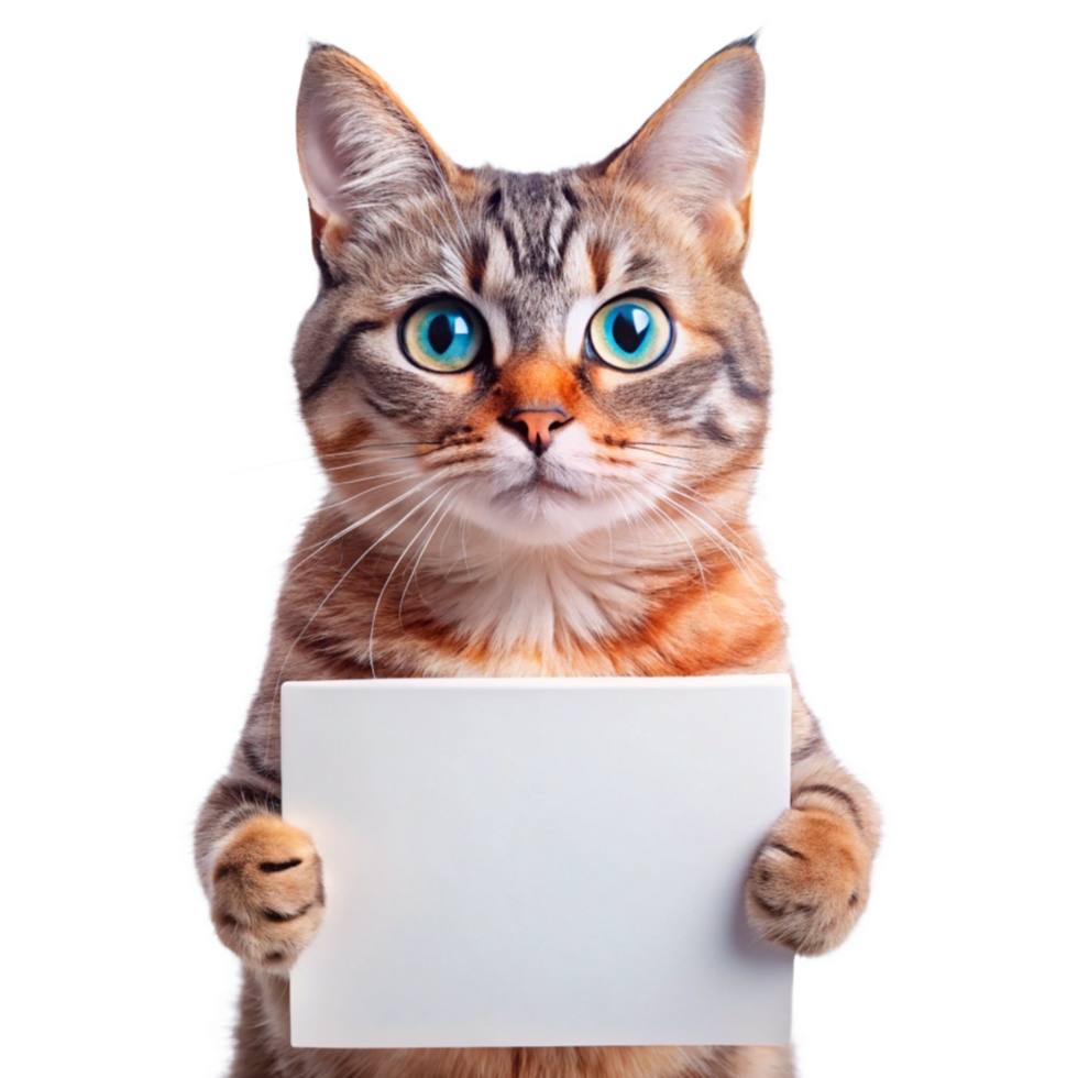 cute cat holding sign board isolated on transparent background png