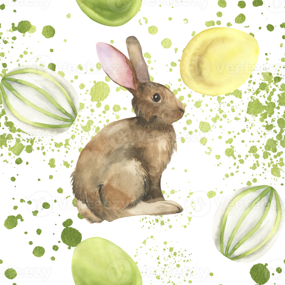 Easter colorful pastel eggs, brown rabbit and watercolor green splashes seamless pattern. Hand drawn delicate spring background for wallpaper,packing design. Happy Easter collection png