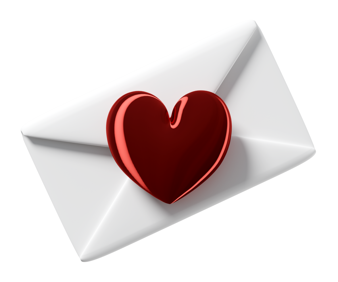 3d red heart with envelope isolated. notify newsletter, online incoming email, happy valentine's day concept, 3d illustration render png