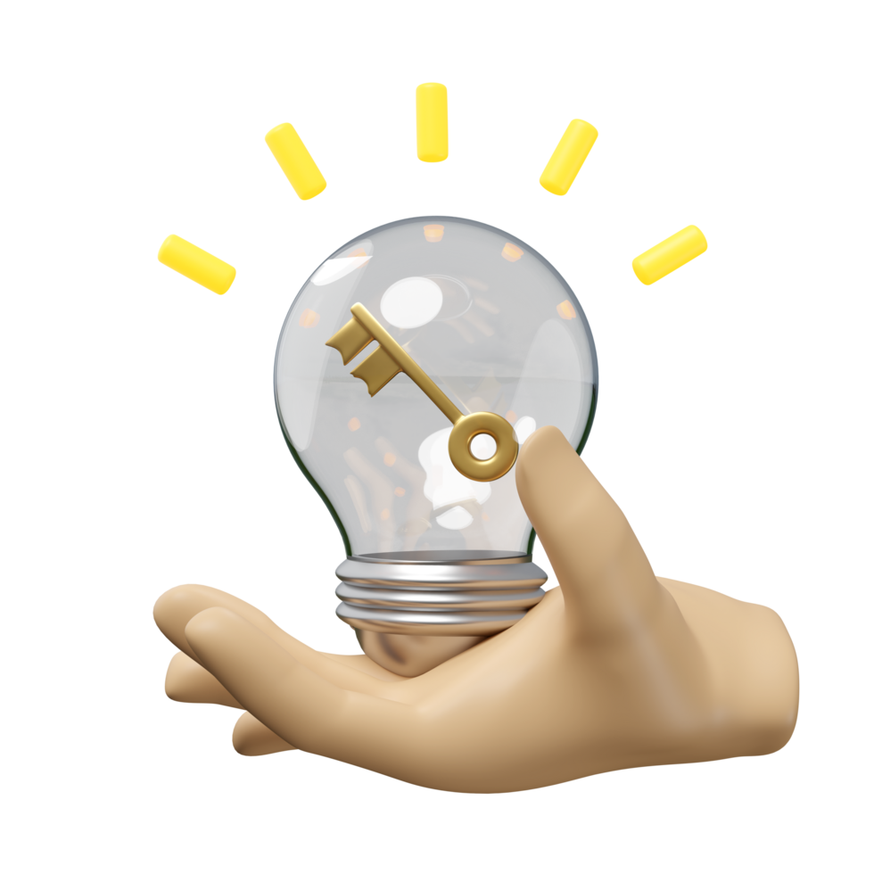 3d hands holding light bulb with key isolated. idea tip concept, minimal abstract, 3d illustration render png