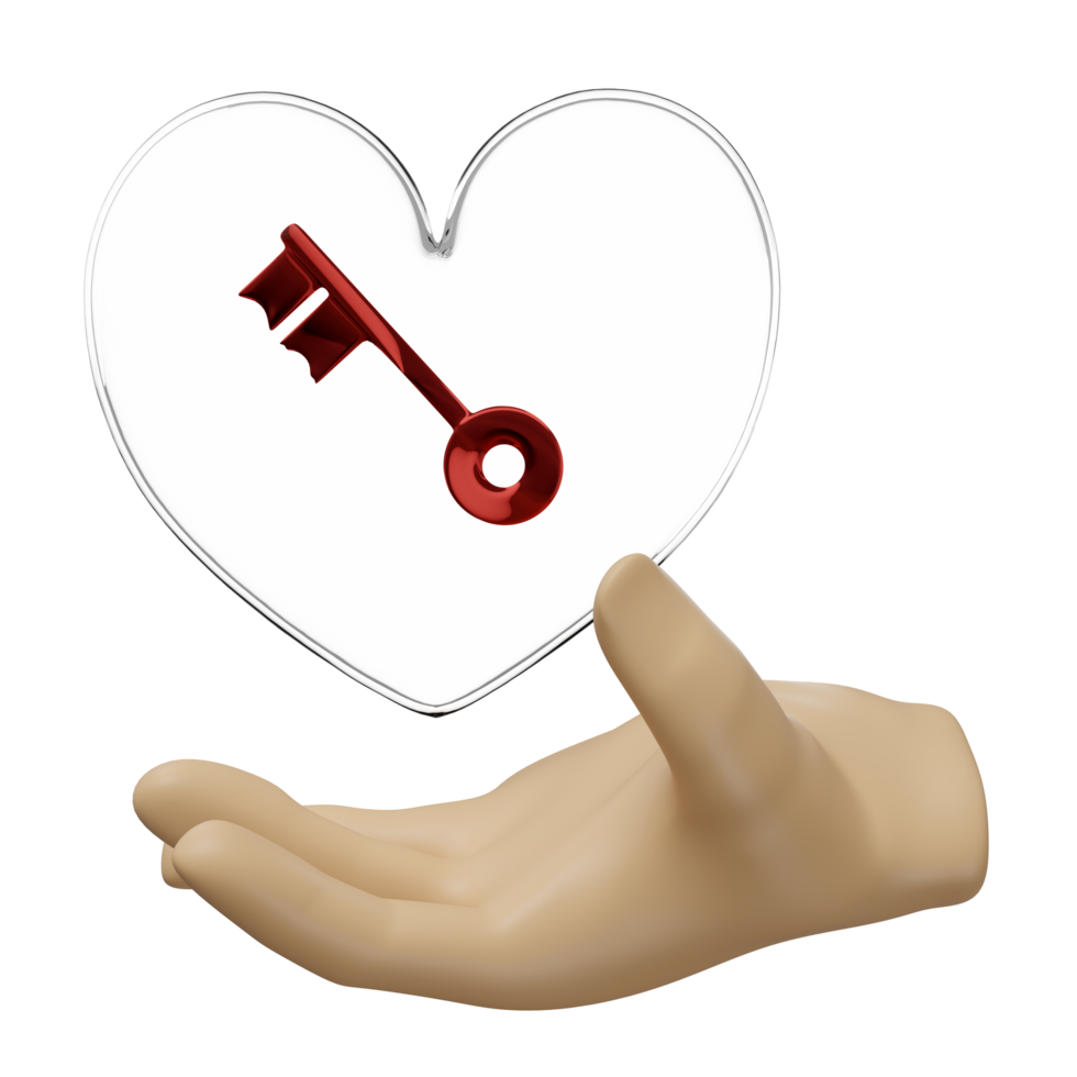 3d hands holding glass heart with key isolated. Happy valentine's day concept, 3d illustration render png