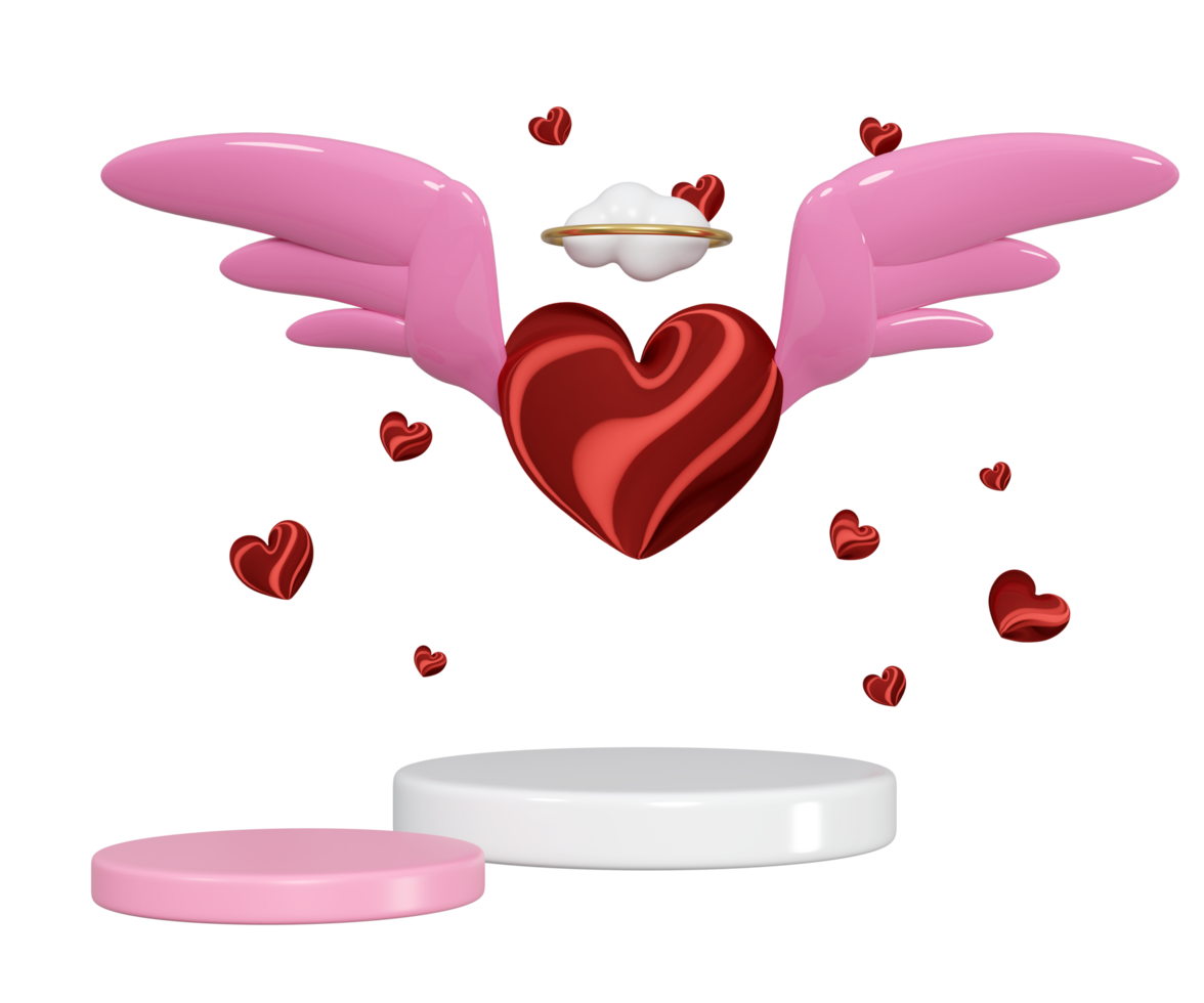 3d podium with red heart wings flying, cloud, ring isolated. Happy valentine's day concept, 3d illustration render png