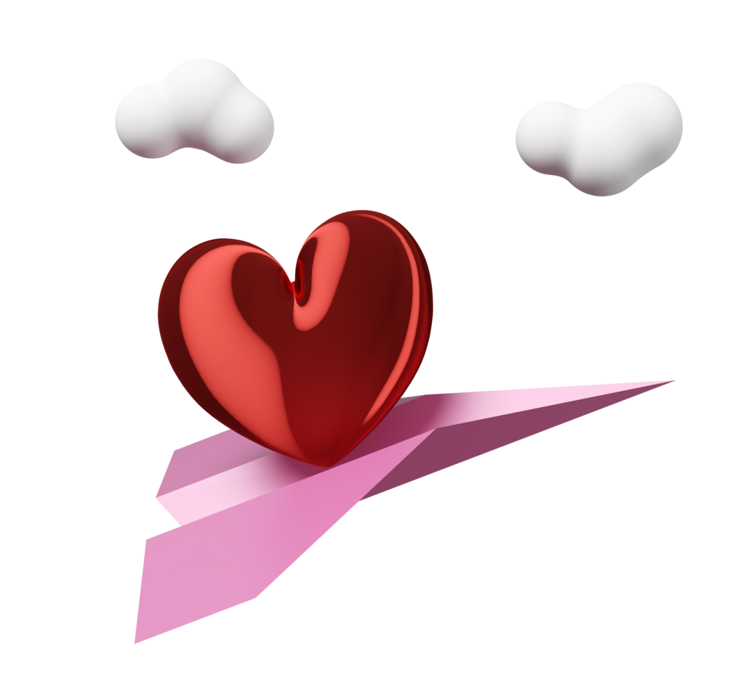 3d red heart with paper plane, cloud isolated. Happy valentine's day concept, 3d illustration render png