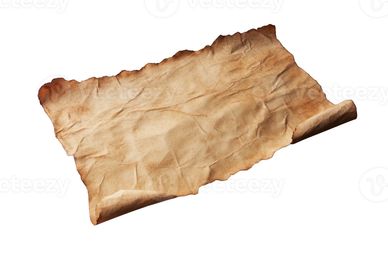 Ancient old wrinkled scroll paper with burnt edges, rolled up and isolated on transparent background, perfect for historical or adventure projects png