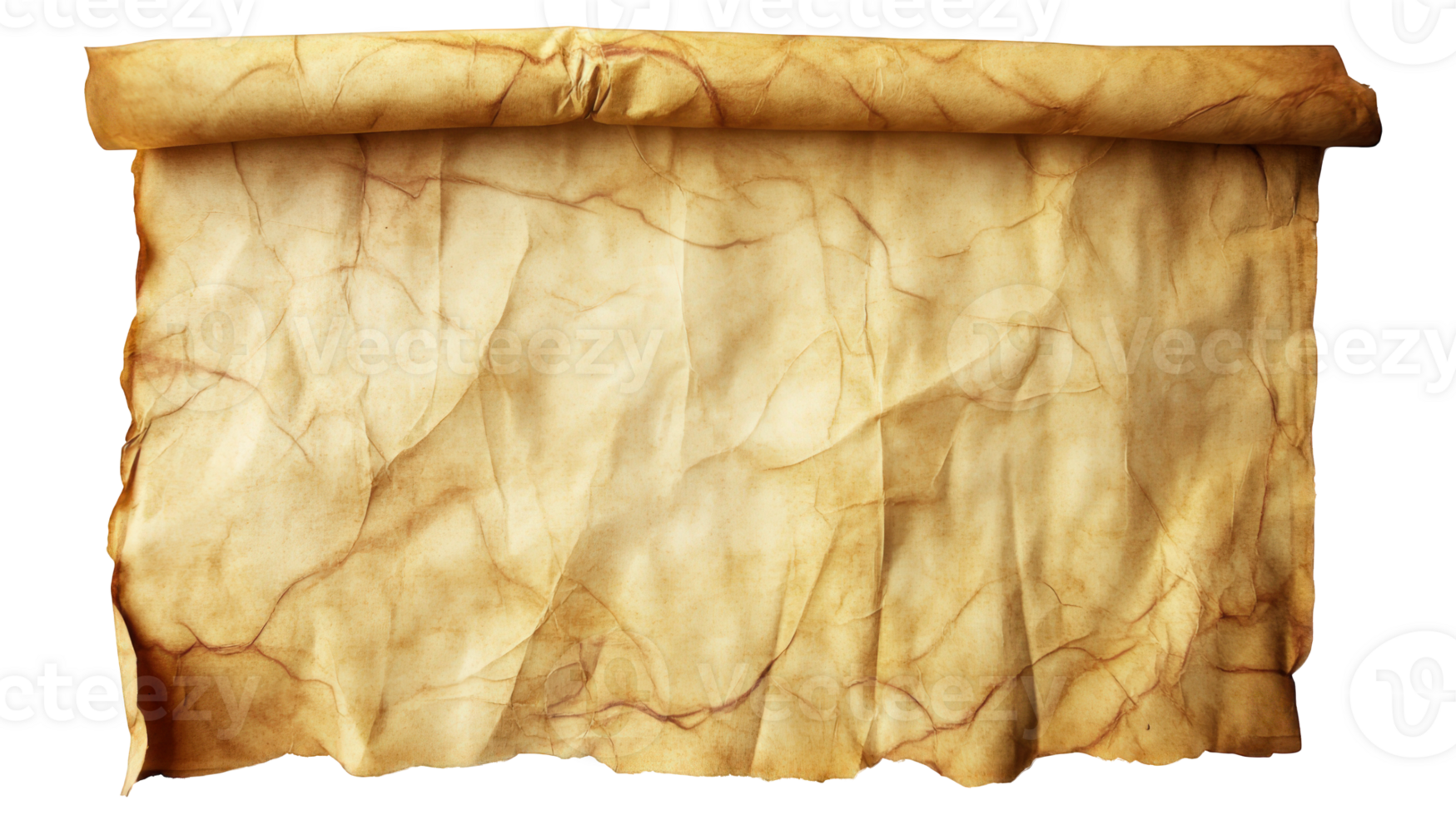 Crumpled old paper sheet with burned edges isolated on transparent background, providing vintage texture for designs png