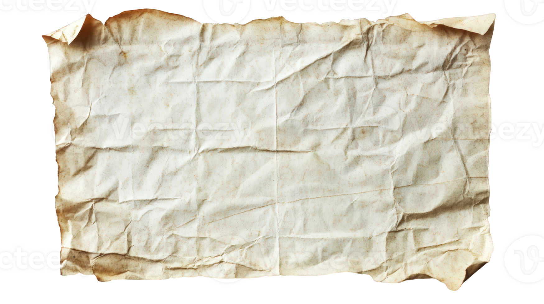 Crumpled old empty paper sheet with burned edges isolated on transparent background, providing vintage texture for designs png