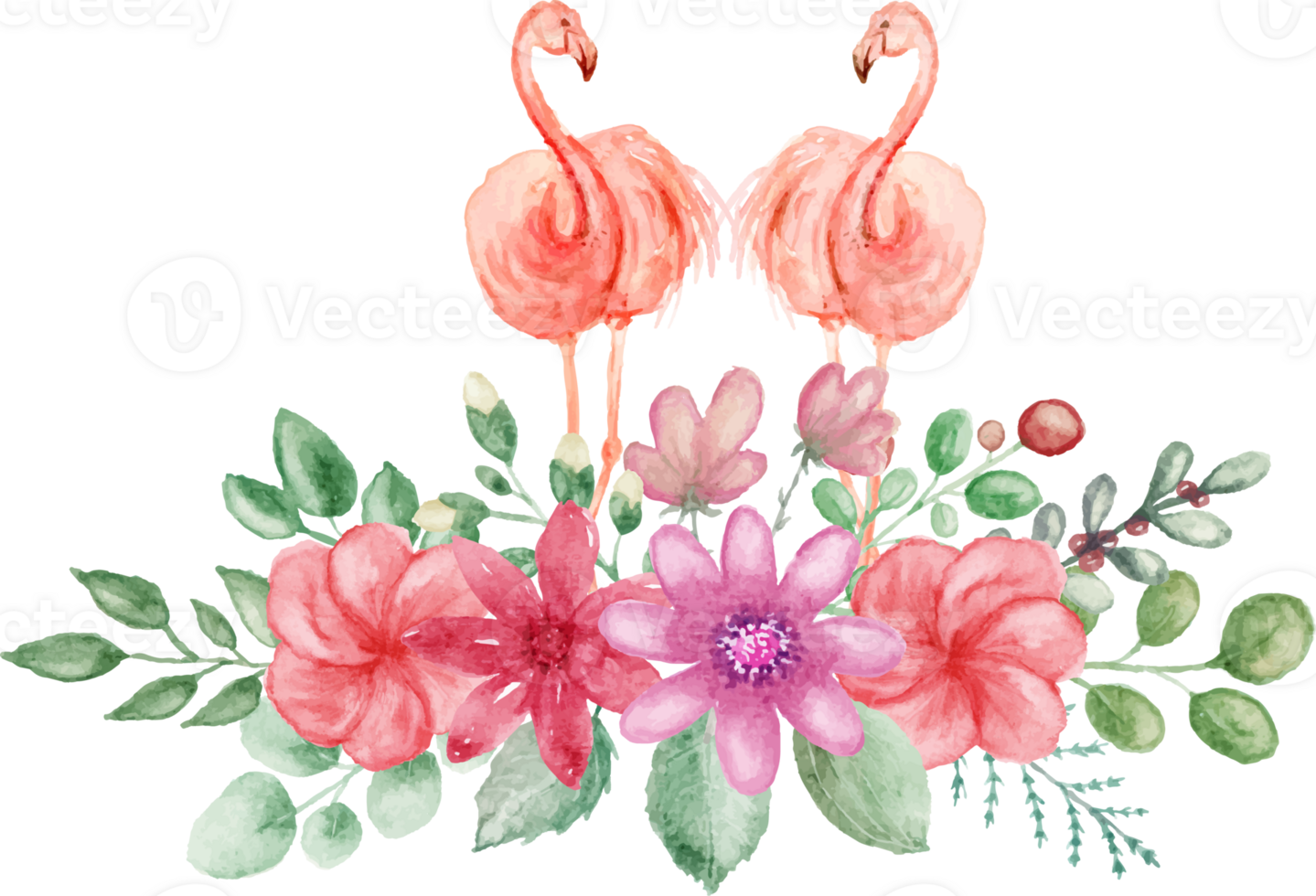 watercolor couple flamingo and flowers bouquet clipart png