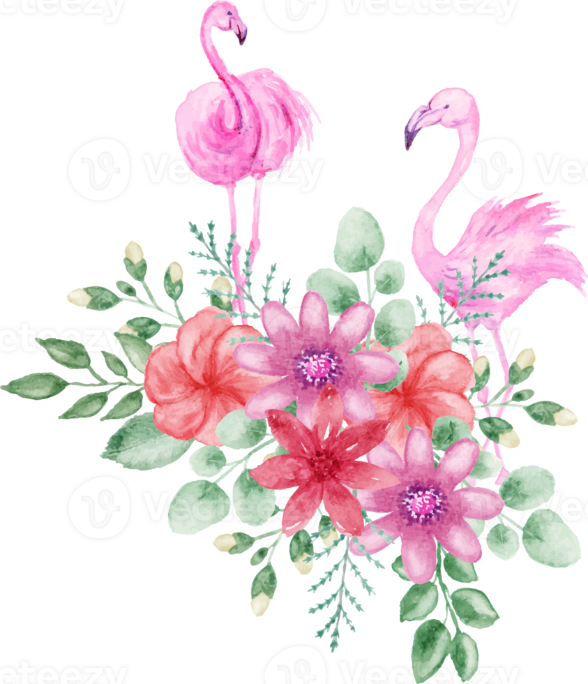 watercolor flamingo and flowers on transparent background png