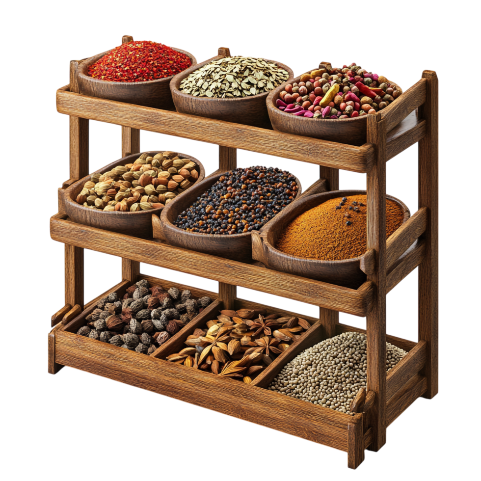A wooden rack with a variety of spices png
