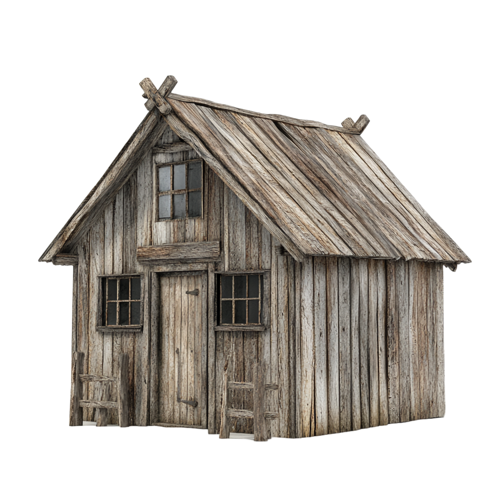 A small wooden house with a roof and windows png