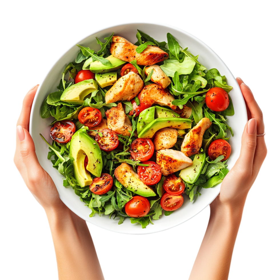 Hands holding a plate with a salad of chicken, avocado, tomatoes and lettuce png