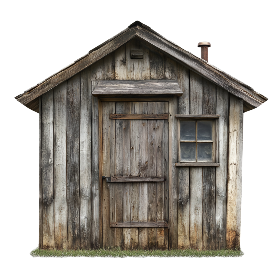A wooden shed with a door and a chimney png
