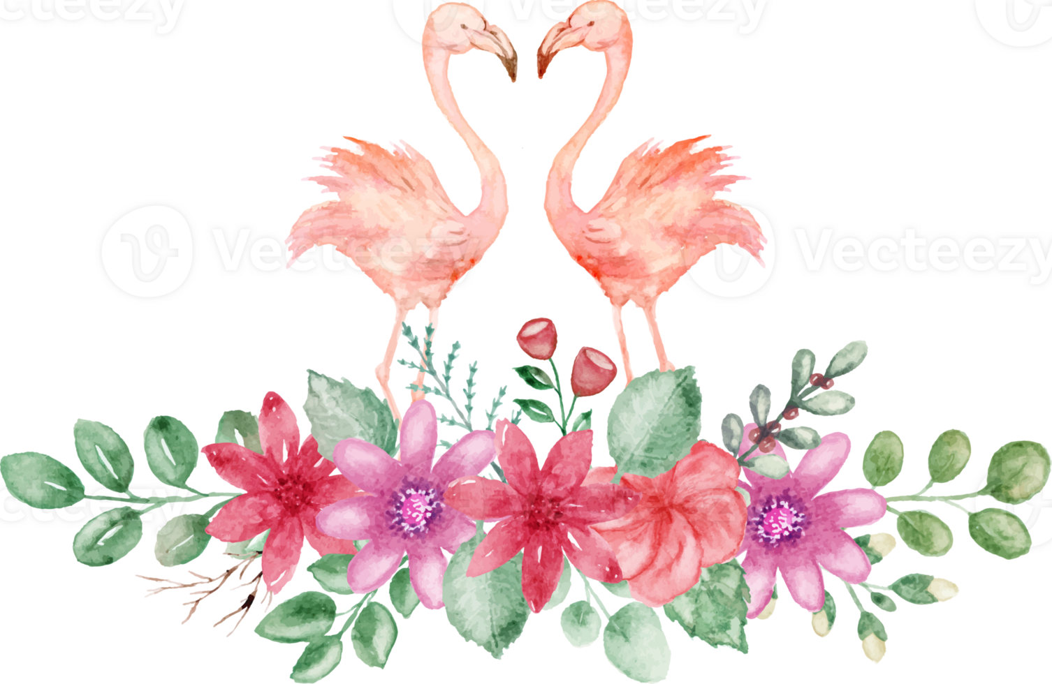 watercolor couple flamingo on flowers bouquet png