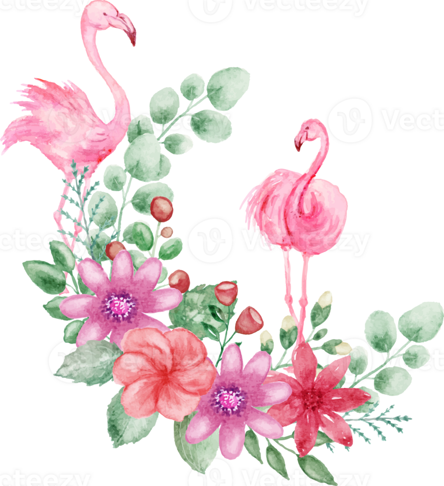 watercolor flamingo and flowers wreath png