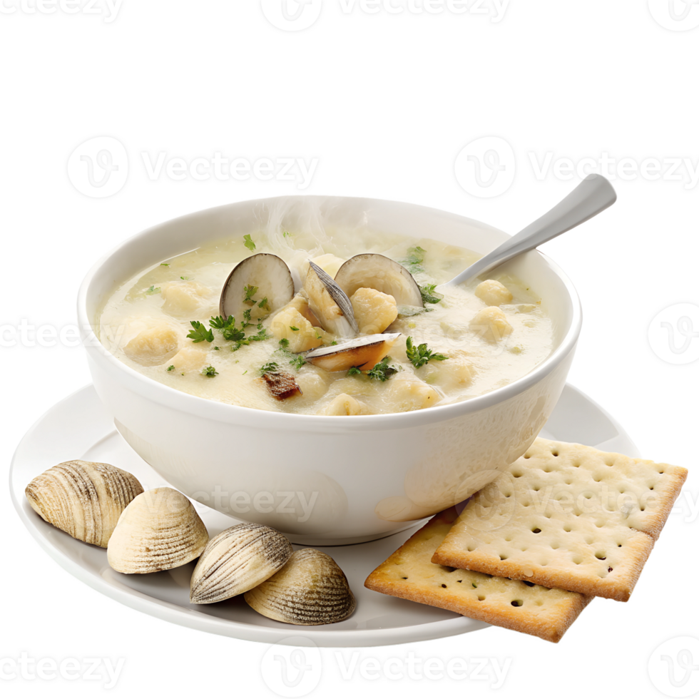 bowl of clam chowder with crackers high-quality transparent image, ideal for menus, food concepts, png
