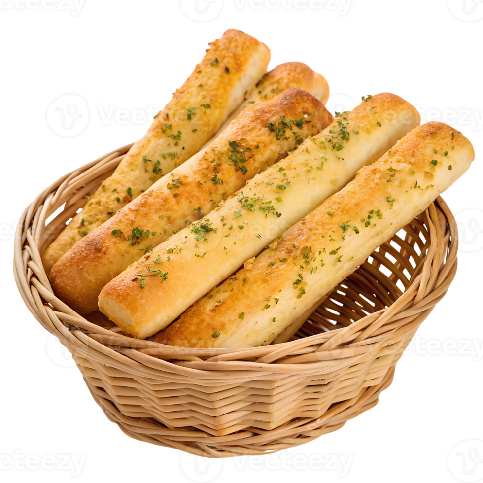 basket of garlic breadsticks high-quality transparent image, ideal for menus, food concepts, png
