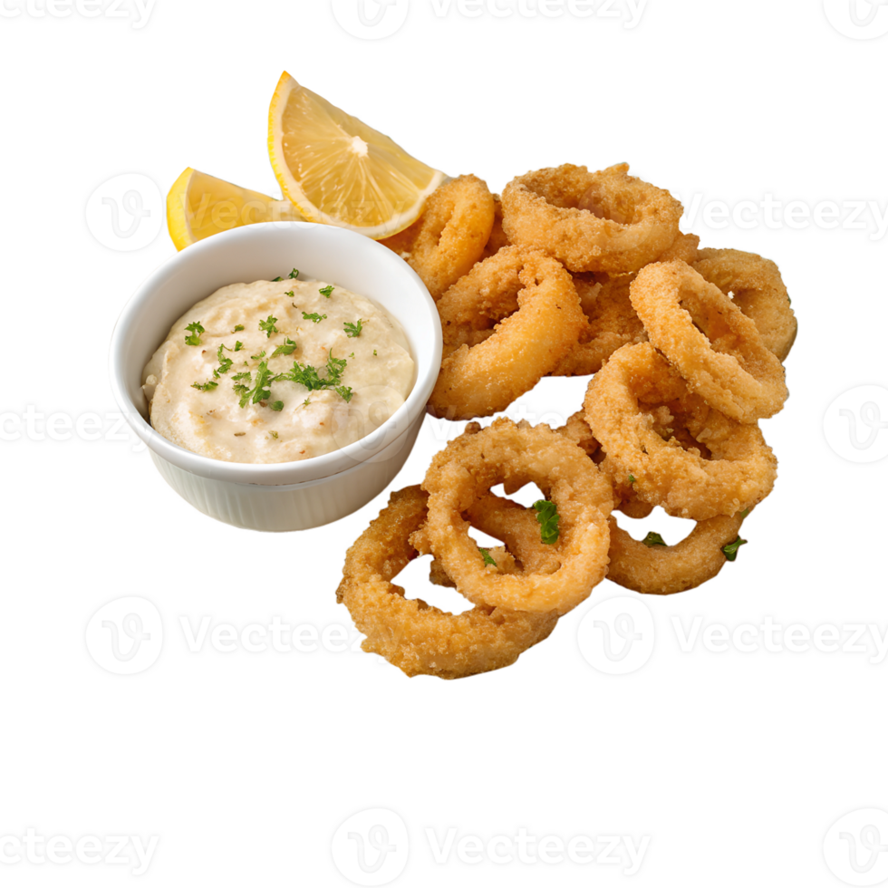 plate of fried calamari with dip high-quality transparent image, ideal for menus, food concepts, png