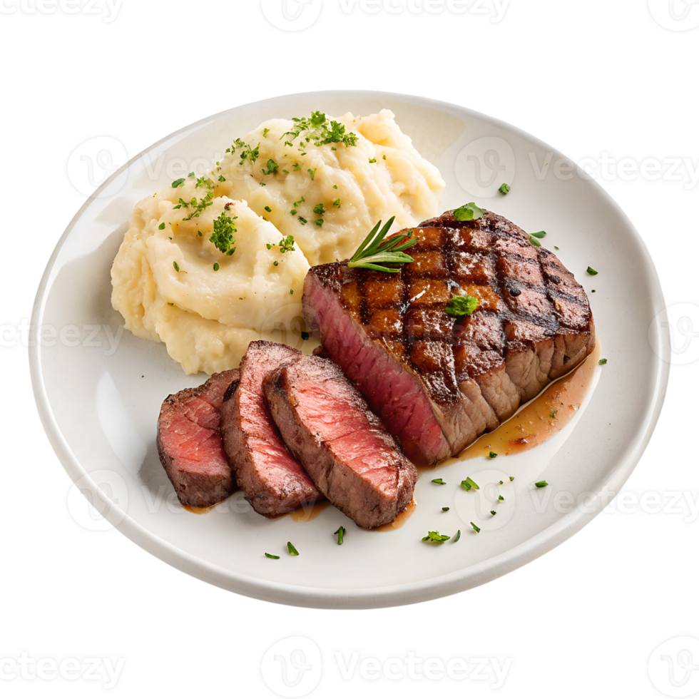 plate of steak with mashed potatoes high-quality transparent image, ideal for menus, food concepts, png