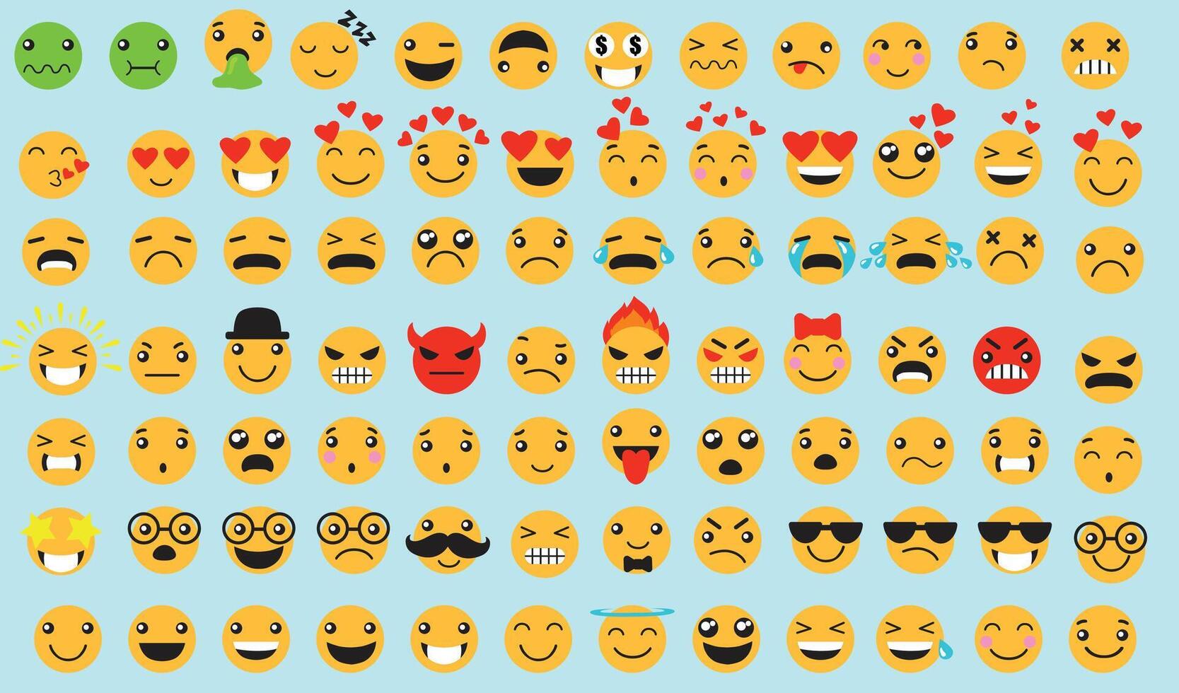 Sad and happy emoticons set. Smiling, laughing, crying, angry, furious, unhappy, smart cartoon yellow faces. vector