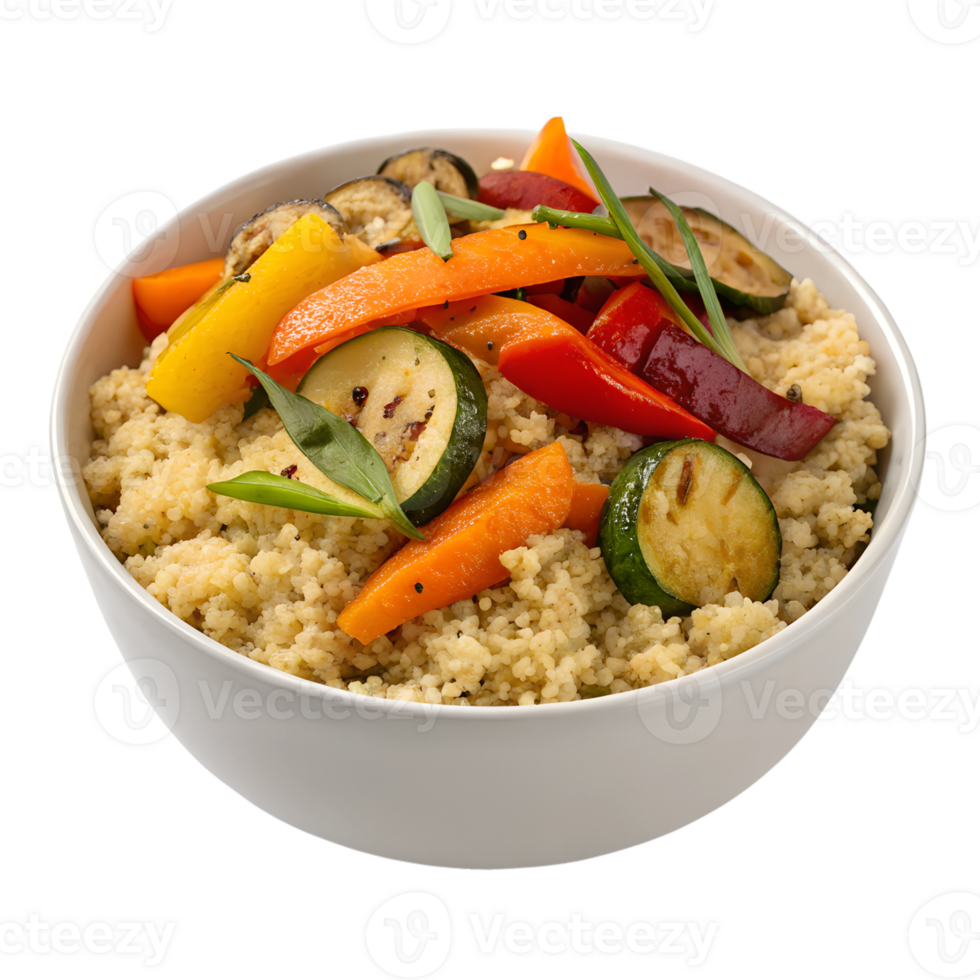 bowl of quinoa with roasted vegetables high-quality transparent image, ideal for menus, food concepts, png