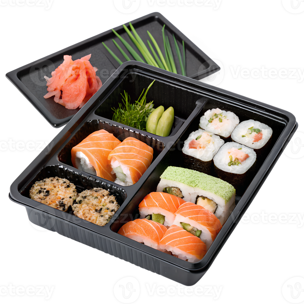 assorted sushi in a black bento box high-quality transparent image, ideal for menus, food concepts, png
