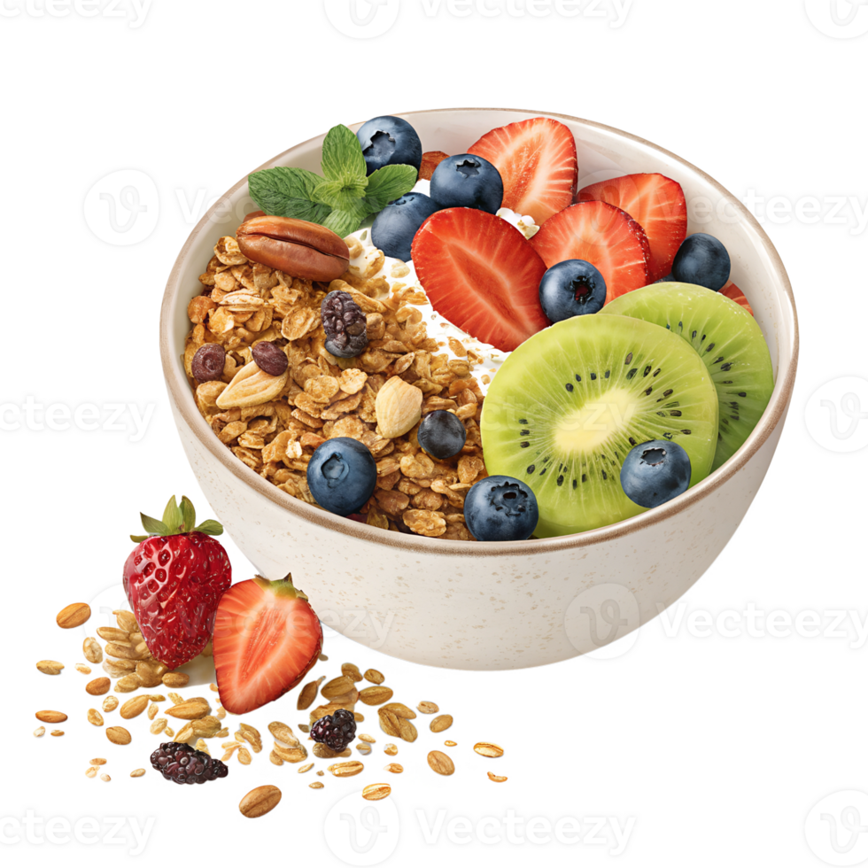 bowl of granola with fresh fruits high-quality transparent image, ideal for menus, food concepts, png