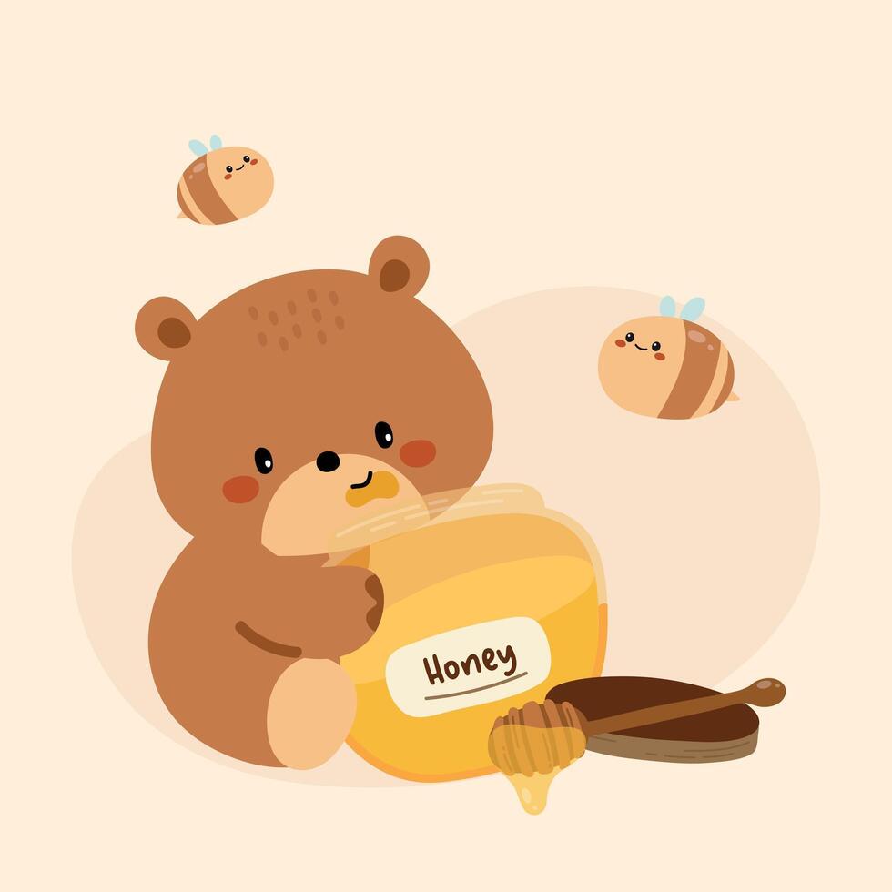 Hand Drawn Cute Bear Eating A Jar of Honey Illustration vector