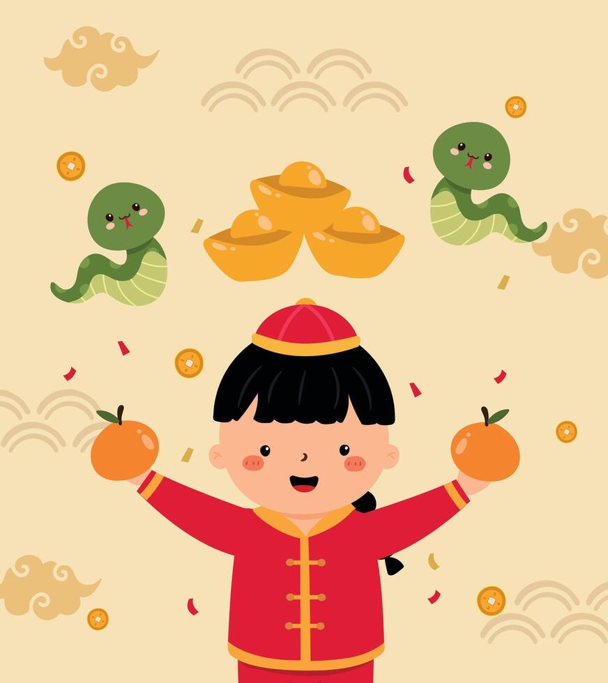 Cute Boy Holding Orange with Snake and Gold Chinese New Year Theme Background Illustration vector