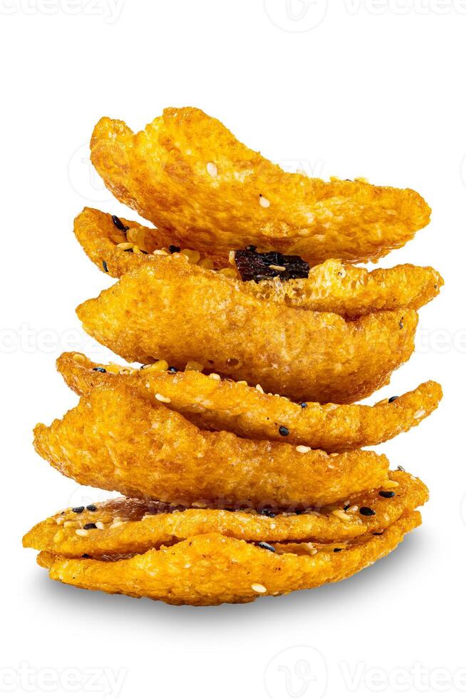 Closeup view stack of crispy homemade multigrain rice cracker. photo