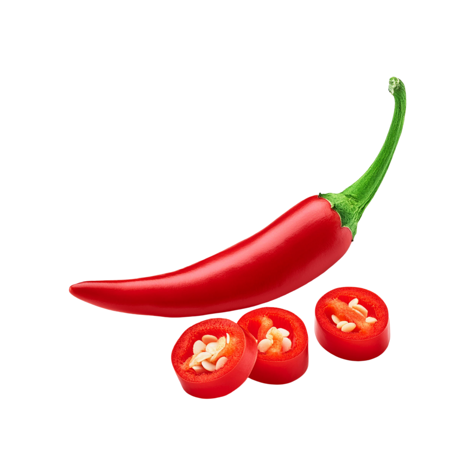 Whole and sliced red chili with leaf on transparent background png