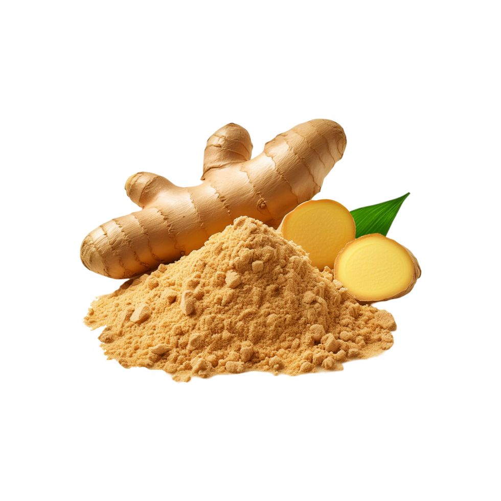 Ginger powder with ginger slices on transparent background png