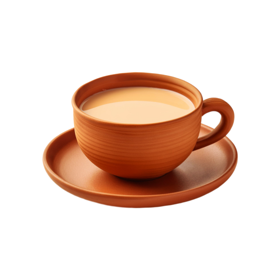 Clay cup and plate of milk tea on transparent background png