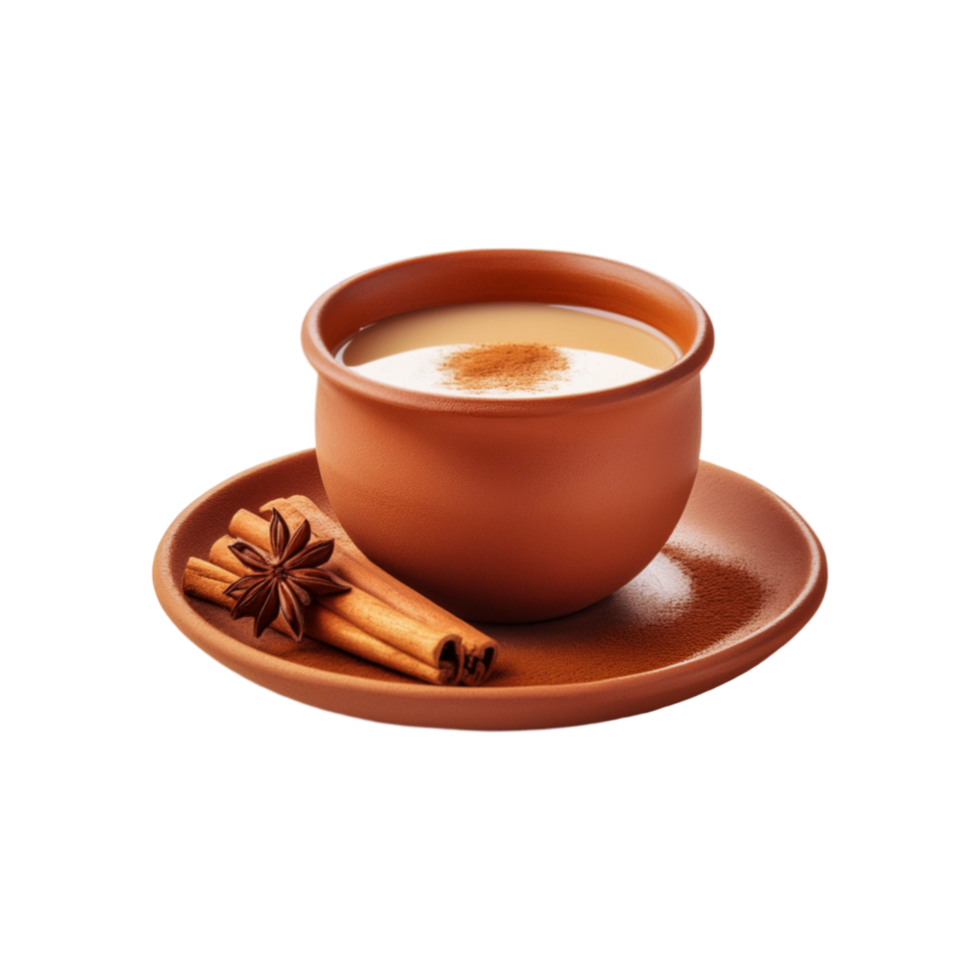 Earthen cup and plate of milk tea on transparent background png