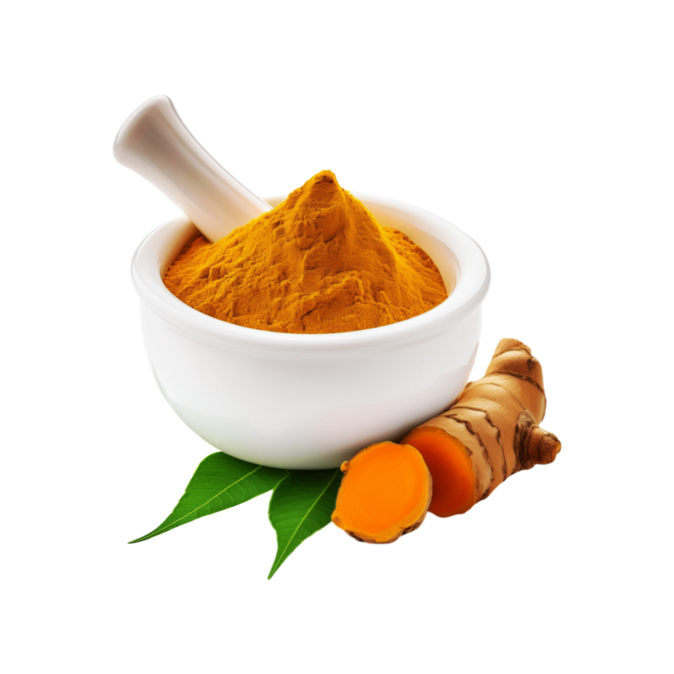 Neem leaf and turmeric slice with white ceramic mortar and pestle on transparent background png