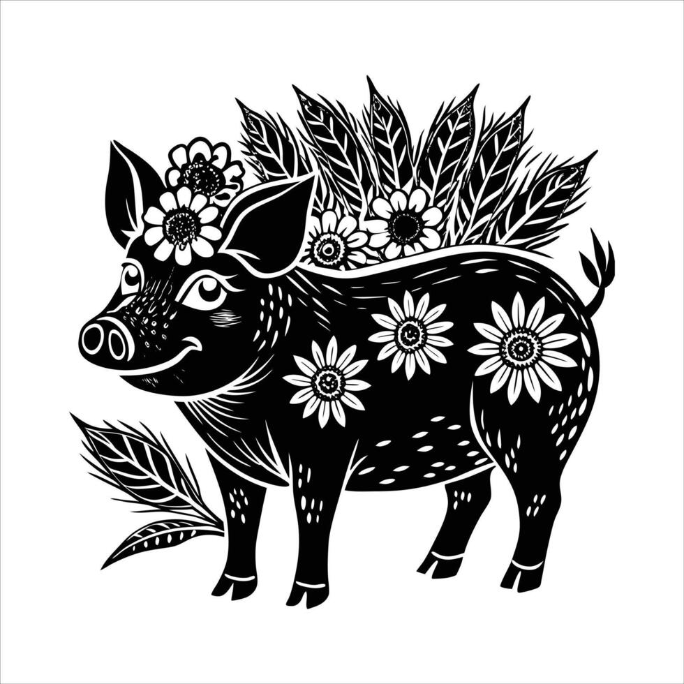 Pig with flower crow vector