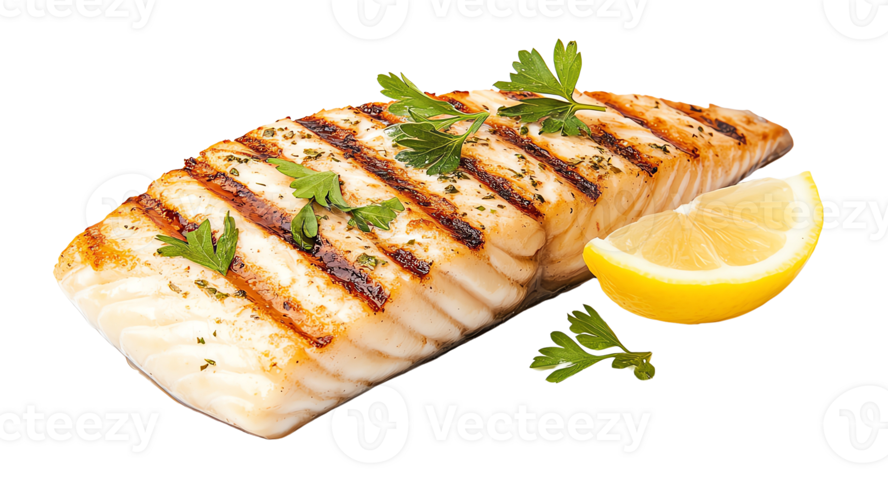 Grilled fish fillet with lemon and herbs,isolate background png