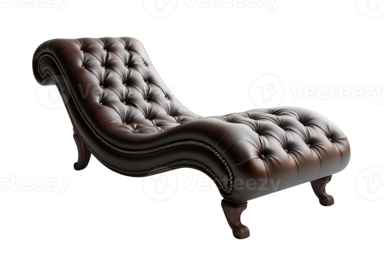 A luxurious, tufted leather chaise lounge with an elegant, curved design and ornate legs. png