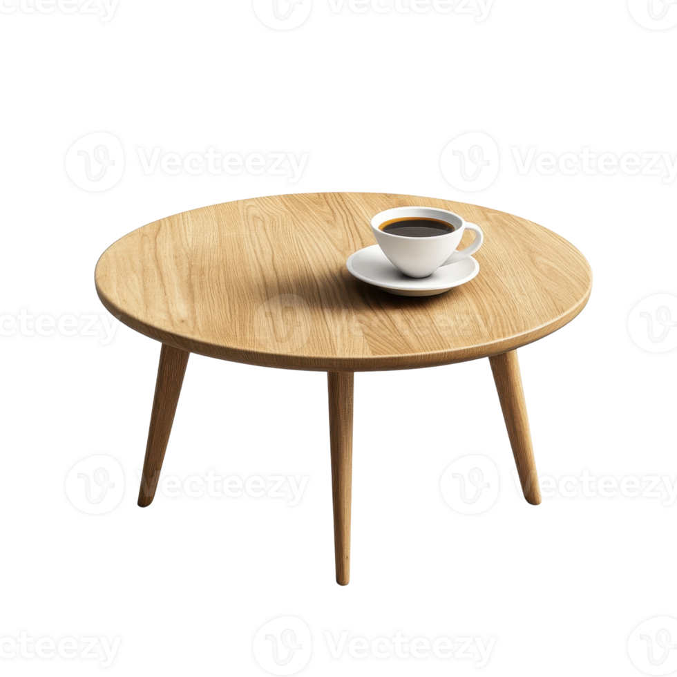 A wooden round table with three tapered legs, featuring a coffee cup on a saucer. png