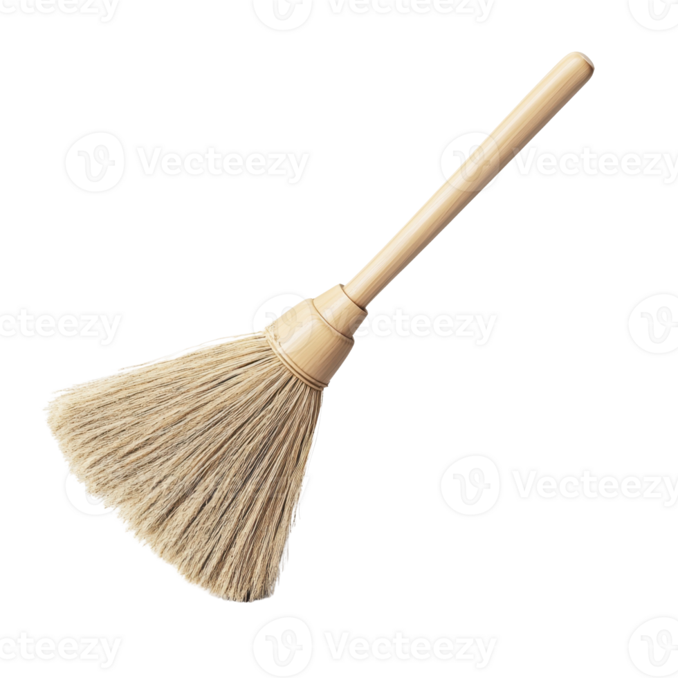 A traditional broom with a wooden handle and natural bristles, designed for sweeping and cleaning surfaces. png