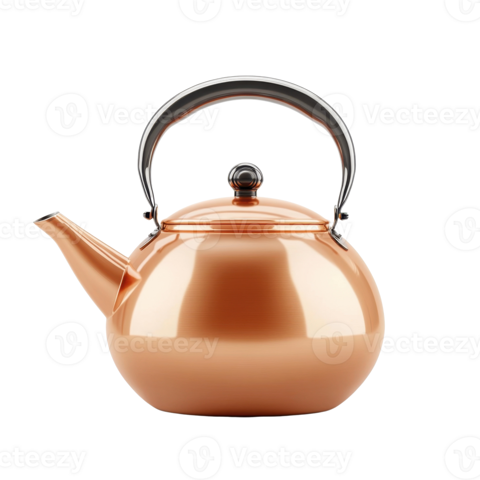A polished copper kettle with a rounded body, a spout, and a sleek handle, designed for boiling water. png