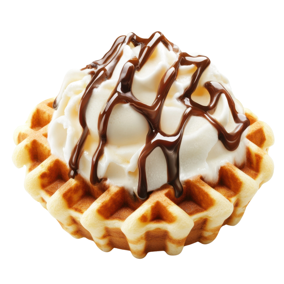 A delectable waffle dessert topped with creamy ice cream and drizzled with rich chocolate sauce. png
