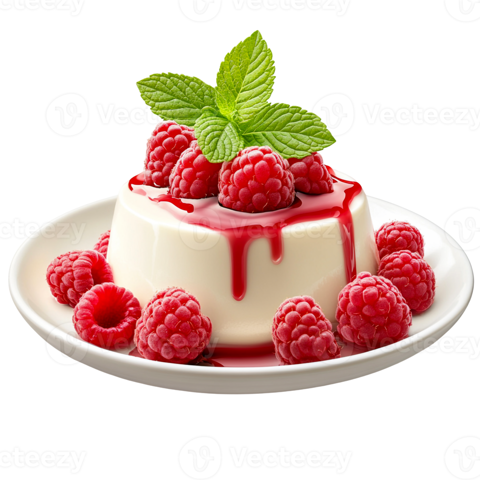 Panna cotta served with raspberries and mint leaves png